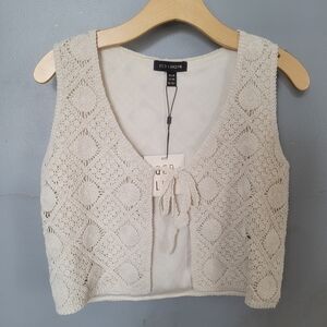 QED London Crochet Lace Cream Top Beach Festival Boho Granola Boxy